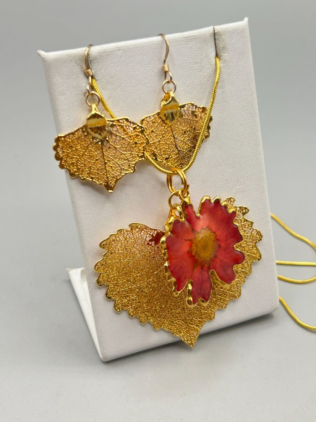 Gold Plated Dipped Leaf Necklace & Earrings Set W… - image 3
