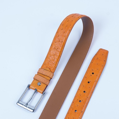 36in Custom Orange Ostrich Body Leather Dress Belt Stainless Steel Pin Buckle - Picture 3 of 13