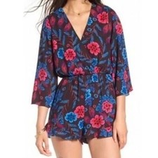 Everly Blue Plum Pink Flowy Floral Romper V Neck Long Sleeve Size Large