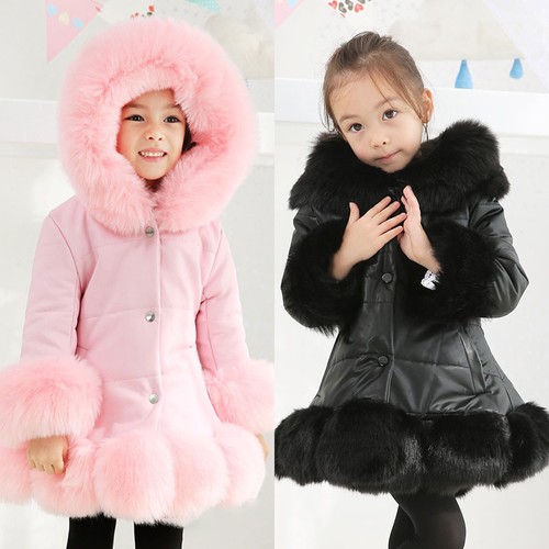 Kids Girls Winter Quilted Coat Jacket Puffer Faux Fur Hooded Long Coat New Parka - Afbeelding 1 van 16