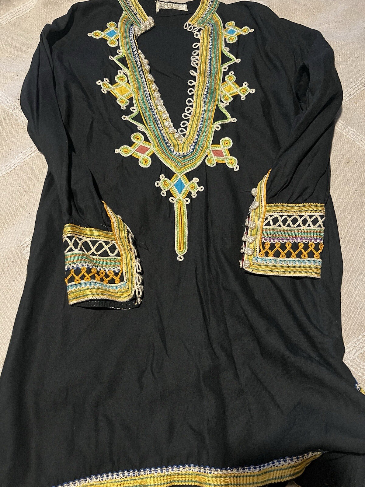 Impresionante túnica étnica marroquí vestido blusa negro bordado talla 4 verdadero vintage