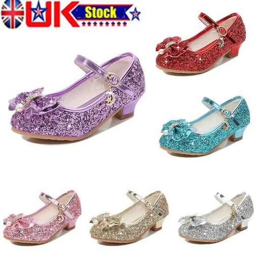 Girls Party Princess Shoes Glitter Bow Flower Fit Anna Elsa Cinderella Cosplay - Picture 12 of 18