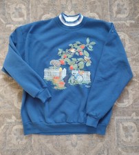 VTG Size XL Grannycore Morning Sun Women Sweatshirt Blue Garden Birds Nature