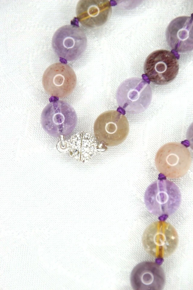 Super Seven Purple Gemstone 19" Hand Tied Silk Knotted Necklace Rhinestone Clasp - Image 4 of 4