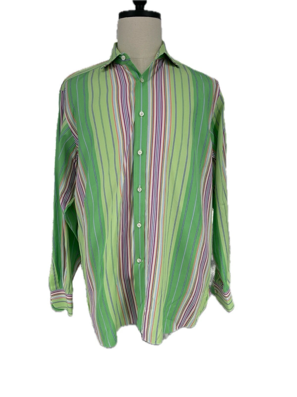 Ralph Lauren Purple Label Green Multicolor Stripe Cotton Shirt 17 XL Long Sleeve