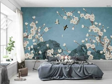 3D Blue Blossom Birds Self-adhesive Removeable Wallpaper Wall Mural Sticker 57