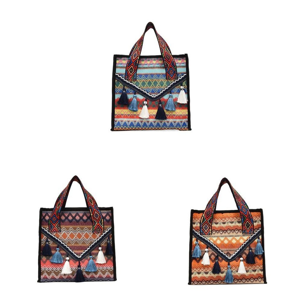 Large Capacity Canvas Tassel Tote Bag Embroidery Stripe Wrist Bag