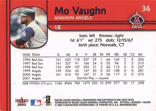 2002 Fleer Maximum #36 Mo Vaughn - Picture 2 of 2