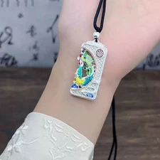 "Phoenix & Auspicious Clouds" Pendant Necklace with Carved "Fu" Character