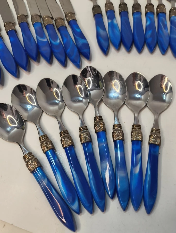 Juego de 40 cubiertos Art Deco estilo vintage Stanley Roberts azul mármol acero inoxidable  Foto 2 de 4