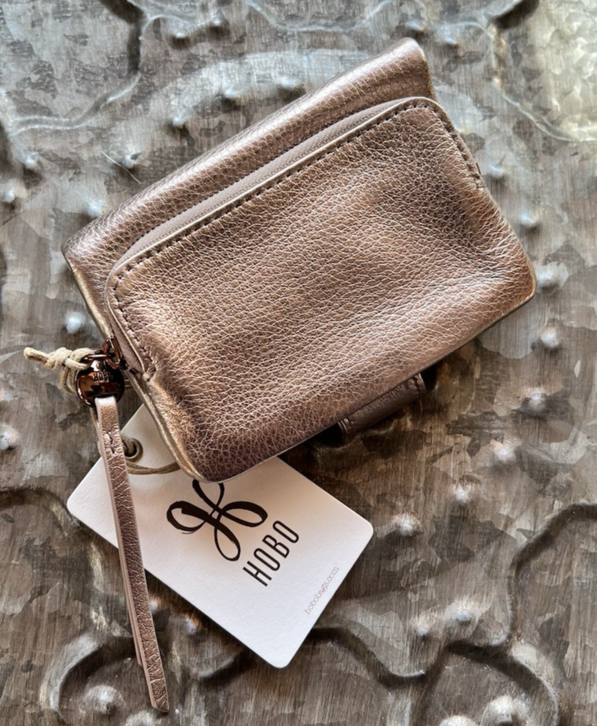 HOBO INTERNATIONAL~FERN~Bifold Wallet~PINK GOLD METALLIC PEBBLE Leather~NWT!