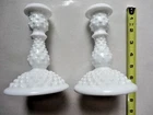 Pair of Vintage Fenton Art Glass White Hobnail Milk Glass Candle Holders