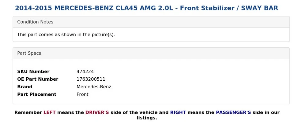 Mercedes-Benz CLA45 AMG 2014-2015 2,0 L - Estabilizador delantero / Barra estabilizadora Foto 4 de 4