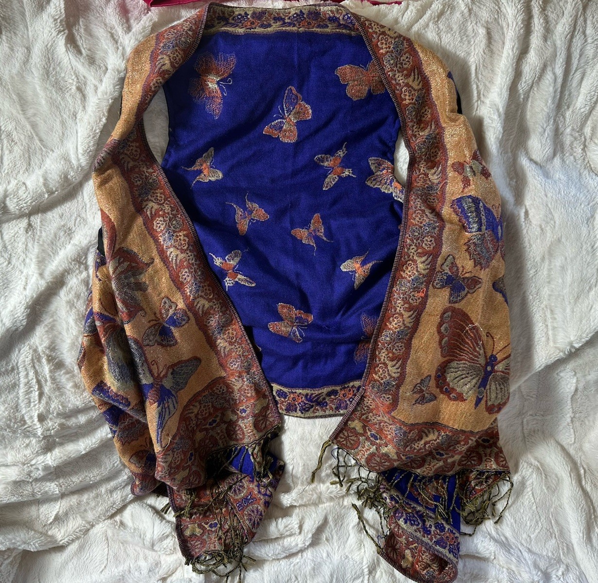 Butterfly Pattern Woven Rectangle Shawl with Frin… - image 5