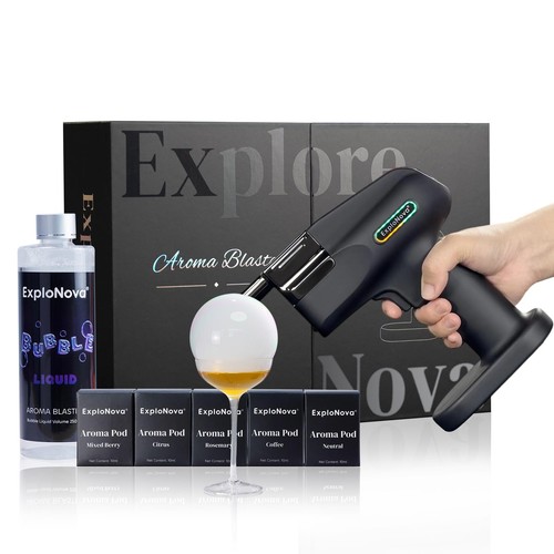 Cocktail Bubble Smoke Gun with 5 Flavour Aroma Pods and Edible Bubbles, Elect...