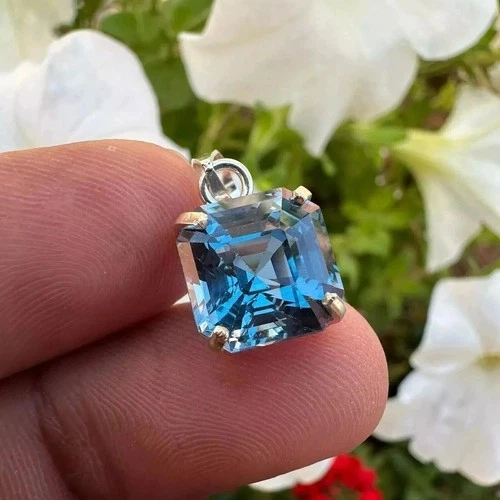 Natural Asscher Cut 20 Ct Santa Maria Blue Aquamarine Pendant -925 Solid Silver - product listing photo