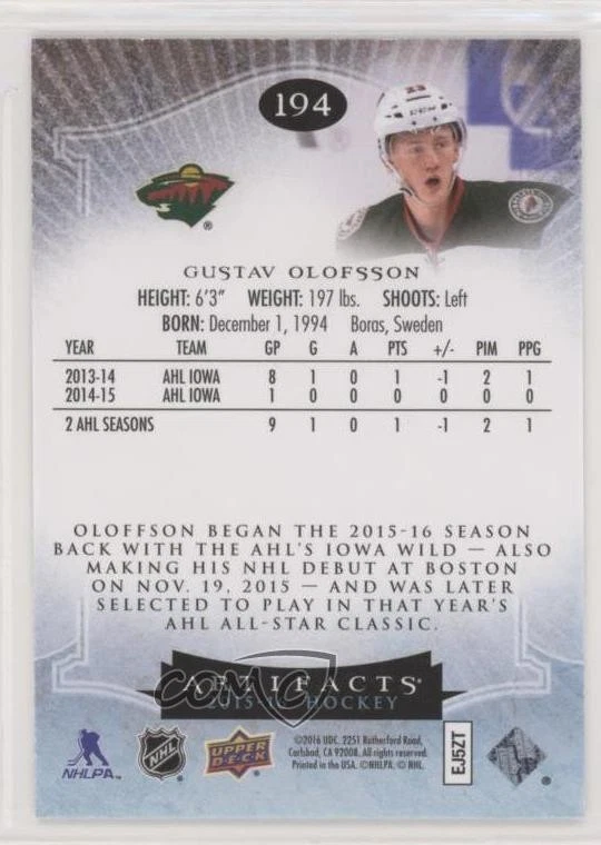 2015-16 Upper Deck Artifacts Rookie Redemptions /899 Gustav Olofsson #194 RC - Image 2 of 2