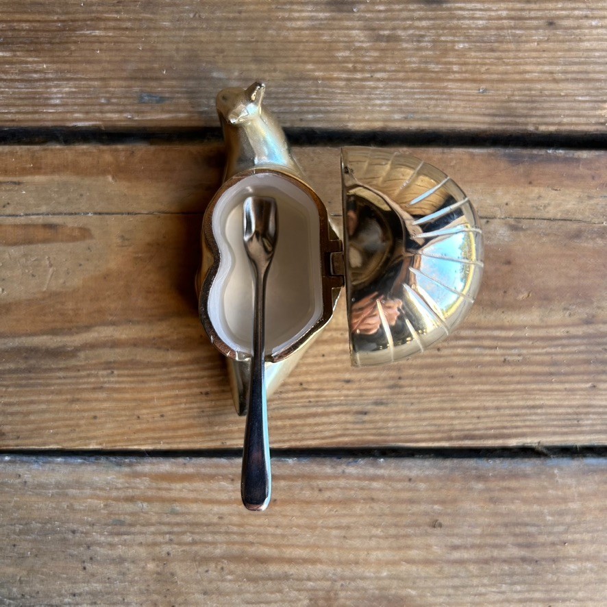 Vtg Snail Salt Cellar Gold Plated Metal w/ Spoon & Plastic Liner