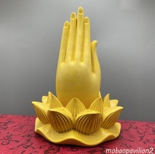 New Boxwood Carved Buddha Praying Hand Lotus Base Statue Buddhism Zen Home Decor