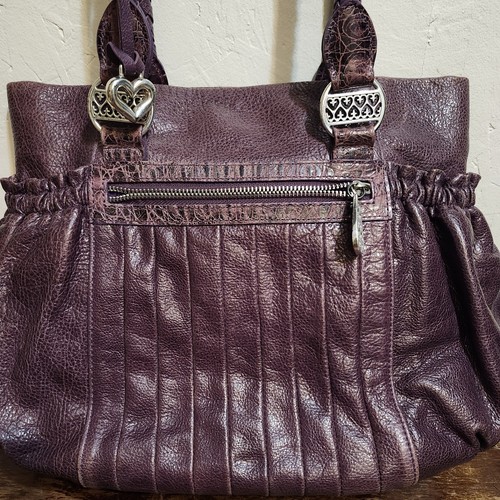 Brighton Purple Leather Shoulder Bag Pleats Elastic Side Pockets Hobo Distressed - Picture 2 of 15