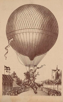 Antique Sepia Hot Air Balloon Crowd Scene Engraving Print 24x36''