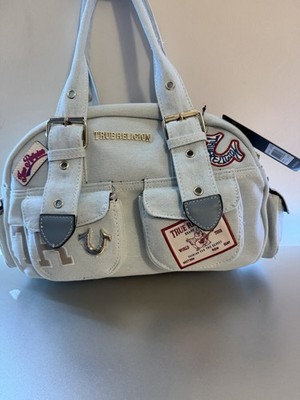 True Religion Multi-Patch Light Denim Satchel Bag Shoulder Purse Silver NWT