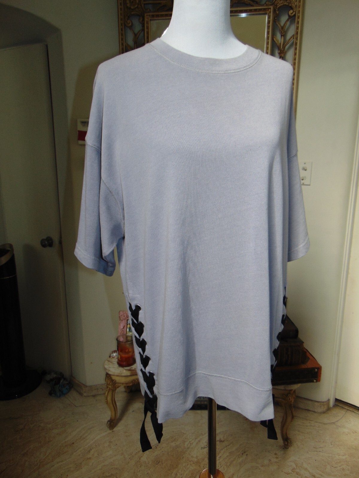 Jeanasis JAPAN Womens Gray Tunic Pullover Tops Blouse Casual Black Tie