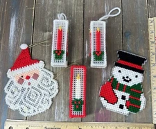 Lot 5 Vintage Handmade Plastic Yarn Christmas Ornament Santa Snowman Candles SEE