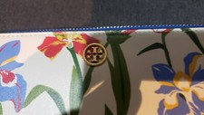 Pre-owned Tory Burch ROBINSON FLORAL ZIP CONTINENTAL WALLET Painted Iris Blue