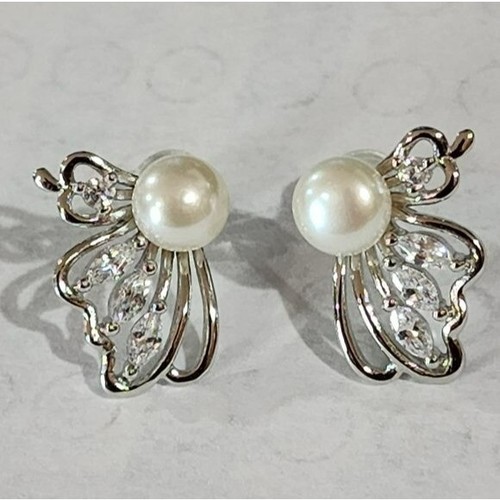 925S White Cultured Freshwater Pearl Butterfly Earrings - Picture 2 of 16