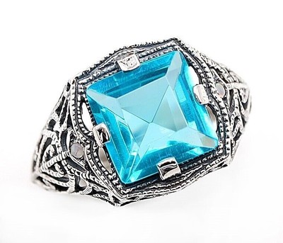 Filigraner Ring 2 kt natürlicher Aquamarin & Opal 925 Sterlingsilber Schmuck Größe 8  