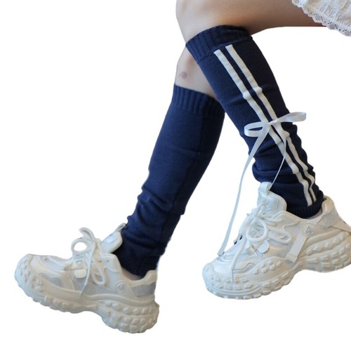 Women Sports Side Double Striped Knitted Leg Warmer Bowknot Footless Long Socks - Picture 19 of 19