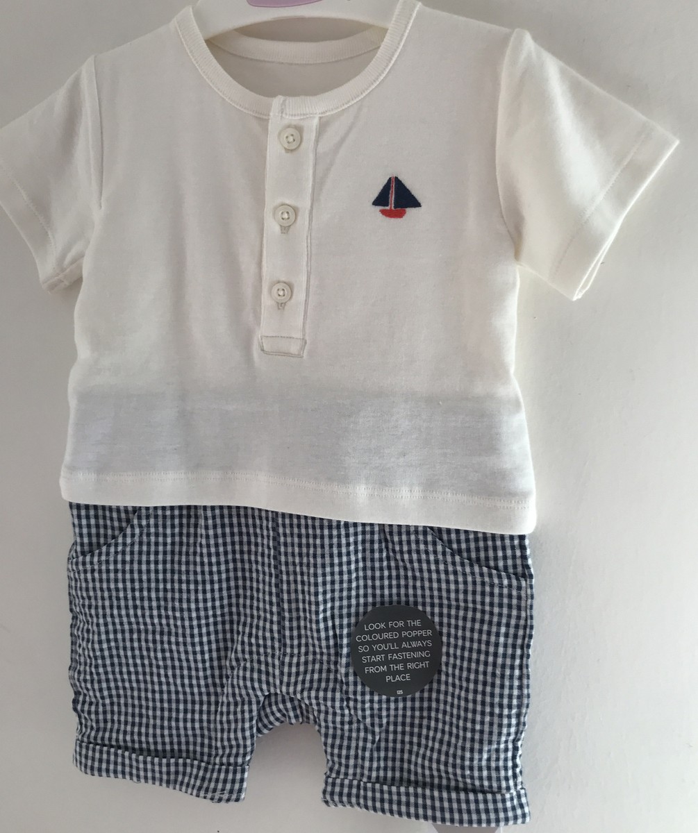 3-6 Months Romper Cream And Navy Checked By M&S UK
