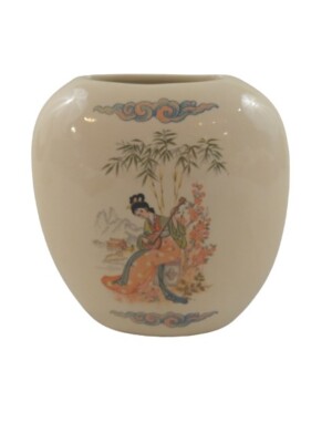 Asian Vase Ceramic Lady Playing Instrument Chinese Hand Painted 7''