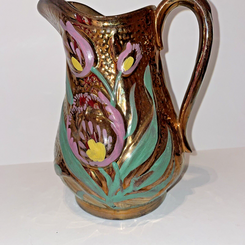 Vintage Copper Lustre Lusterware Pitcher Hand Painted Flower Design Ceramic - Picture 6 of 14