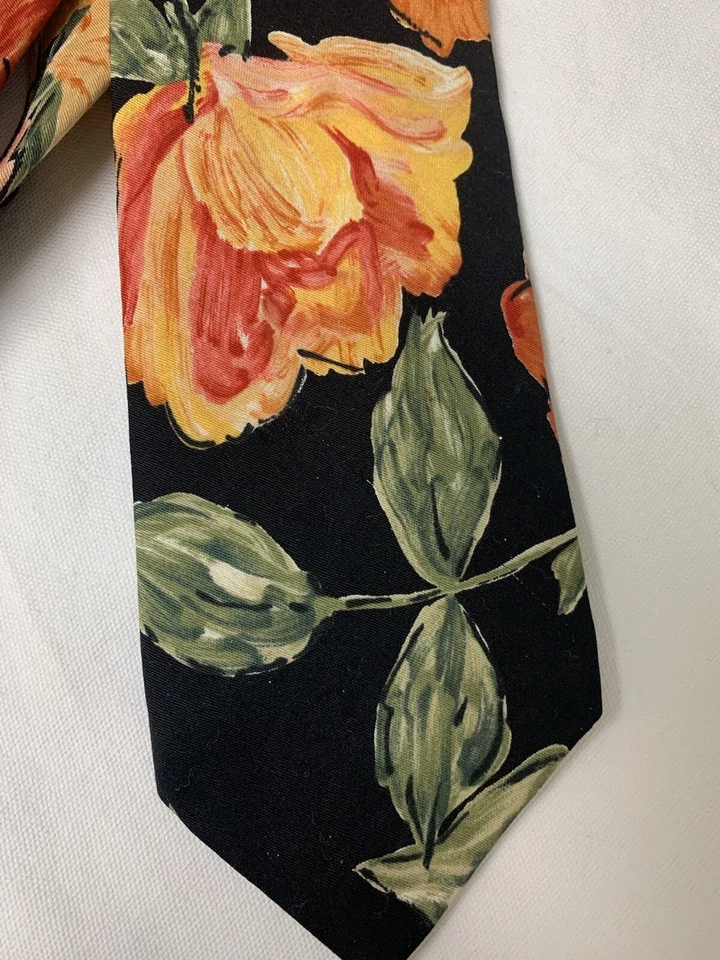 CORBATA VINTAGE NEGRA FLORAL BOSTON TRADER ROSAS HIBISCO? ¡DIVERSIÓN TROPICAL! Foto 2 de 4