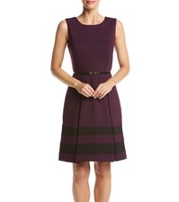 New! CALVIN KLEIN ~Size 10~ Belted Ponte Striped Hem Flare Dress Retail $128