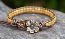 Beaded Leather Wrap/Yellow Brown Bracelet/Beaded Cuff/Metallic Brown Leather