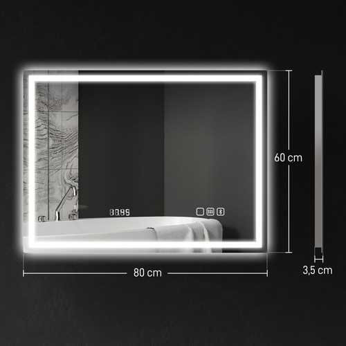 Badezimmerspiegel mit LED-Beleuchtung, Anti-Beschlags-Pad, 3 Lichtfarben, Uhr - Bild 4 von 10