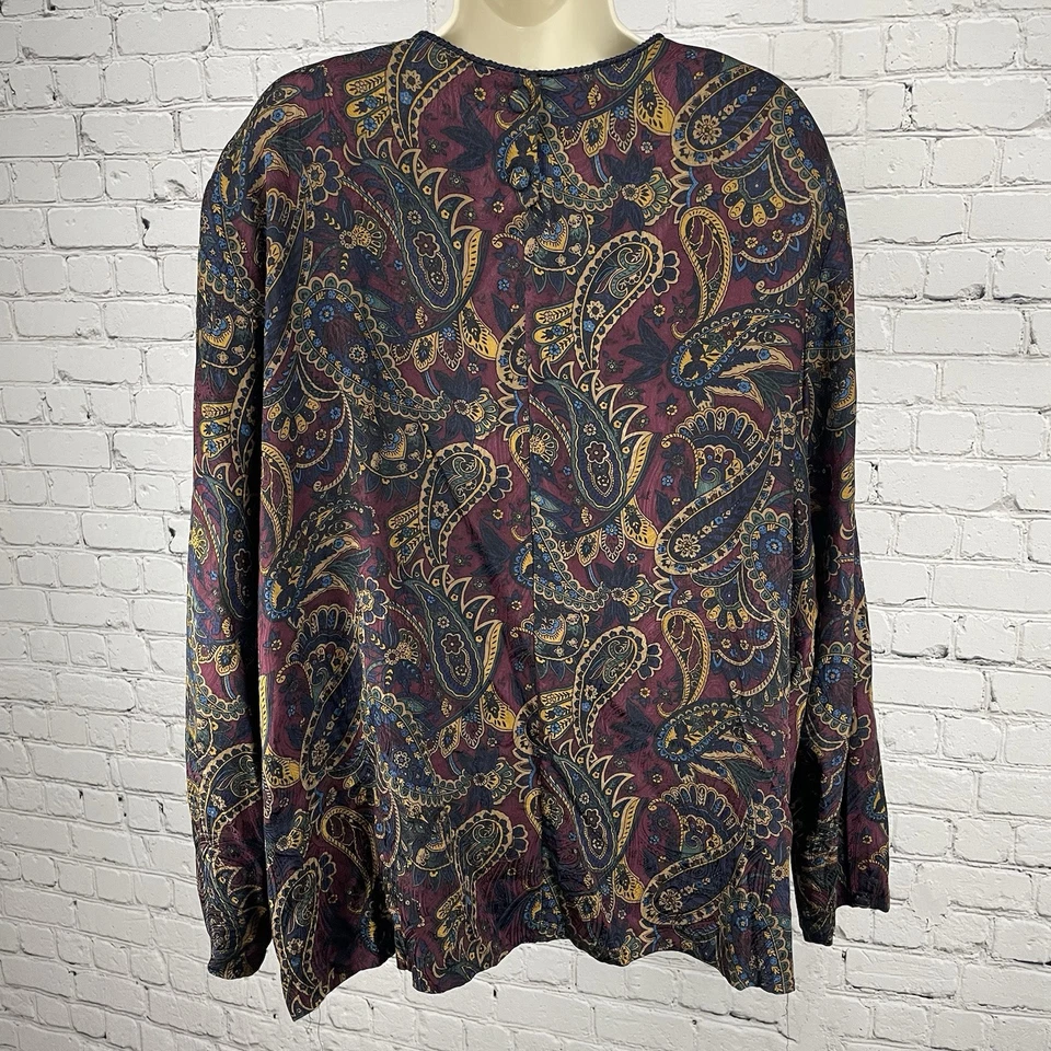 Valerie Stevens 佩斯利 100% 真丝轻便长袖束腰上衣,尺寸 24 — 第 2/4 张图片