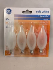 GE Soft White 40W CA10 Bent Tip Candelabra Bulbs 280 Lumens Pack of 4 New
