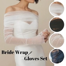 Pearl Tulle Bridal Off Shoulder Cape and Arm Cover Set Wedding Party Evening.