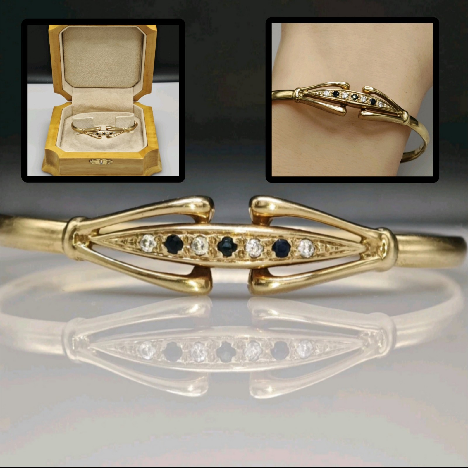 Solid 9ct Gold Torque Bangle Sapphire Vintage 9k … - image 1