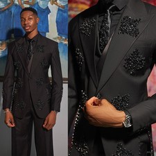 Appliques Lace Men Suits Slim Fit Single Breasted Peak Lapel Wedding Groom Prom
