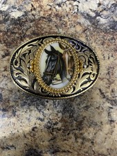 Western Horses Belt Buckle Cowboy Floral Scroll Cowgirl Art Mount Vtg 80s.GTA046