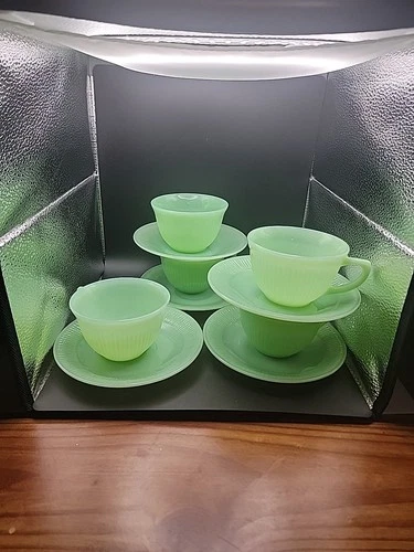 Set Of 5 Vtg Jadeite Fire King Oven Ware Cup And Saucer 2 Cups Not Marked 3 Are