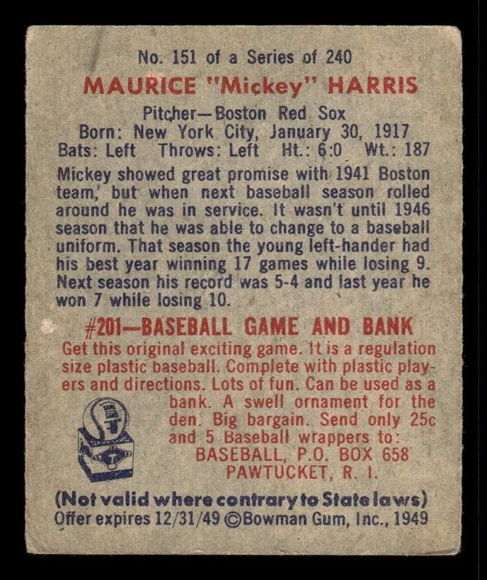 1949 BOWMAN MICKEY HARRIS 151 VG-EX RC MAURICE BASEBALL BOSTON RED SOX - Image 2 of 2
