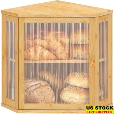 Bamboo Corner Bread Box Two-Tier Storage Adjustable Dividers Acrylic Wave Door