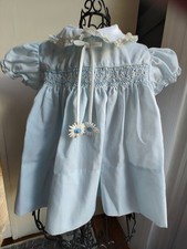 Vintage Cherubs Smocked Infant Baby Girl Dress Whisper Blue 12 Months Daisy Tie