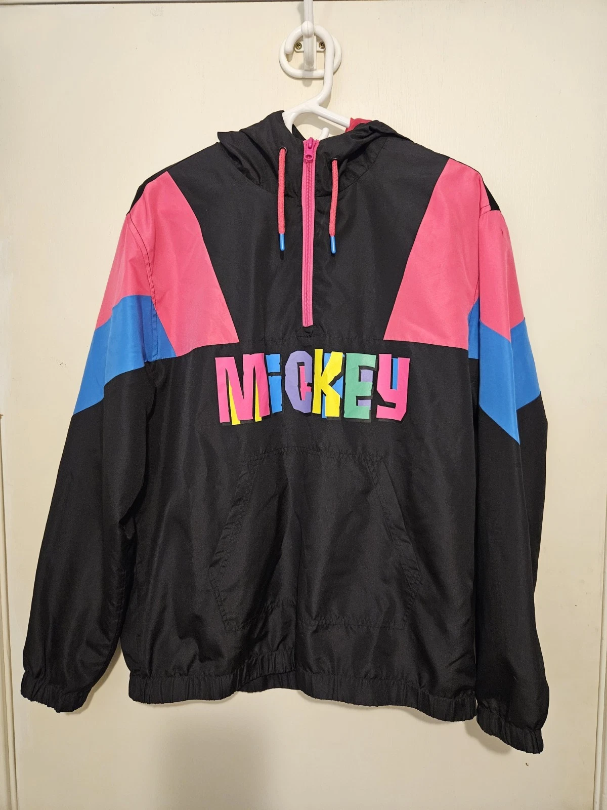 Disney Mickey Mouse Size Sm Black Pink Hood Pullover 1/4 Zip Windbreaker Jacket